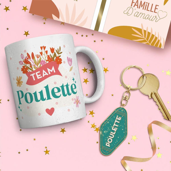 Coffret Mug + Porte clés paillettes Poulette