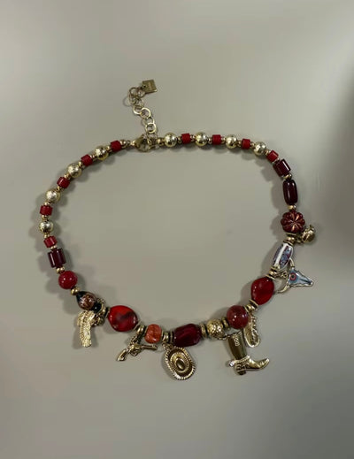 Collier Charms en Acier Inoxydable avec Résine Rouge Tendance Mode Bijoux de Mode pour Femmes