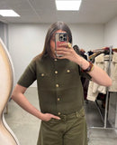 Gilet épais manches courtes kaki boutons doré tendance mode