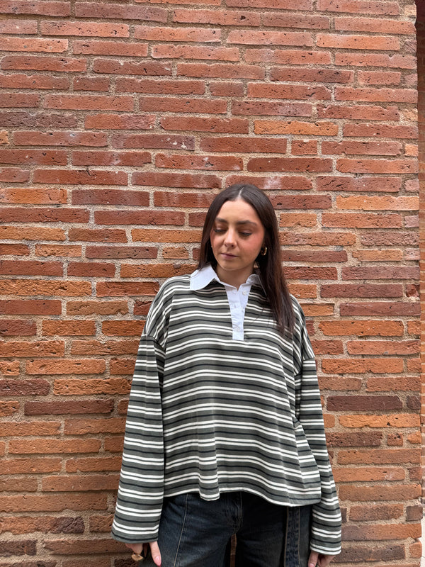 Polo style rugby rayé manches longues