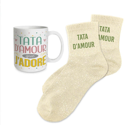 Lot Chaussettes lurex paillettes + Mug TATA D'AMOUR