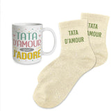 Lot Chaussettes lurex paillettes + Mug TATA D'AMOUR