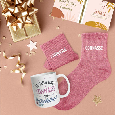 Lot chaussettes lurex paillettes + Mug Connasse CONASSE