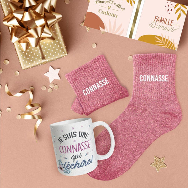 Lot chaussettes lurex paillettes + Mug Connasse CONASSE